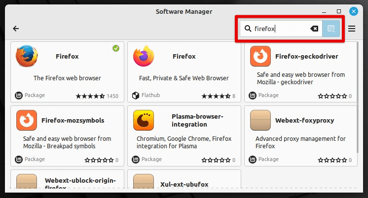 Searching for firefox in software manager