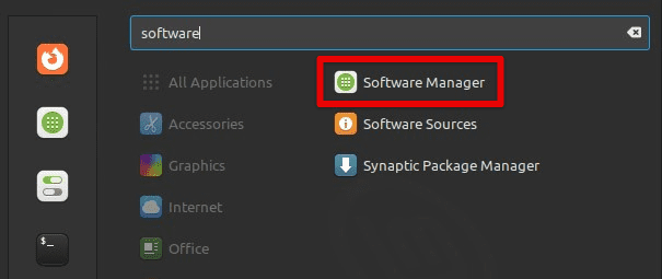 Searching for software manager in the main menu