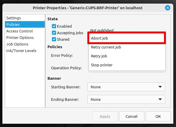 Selecting abort job as print error policy