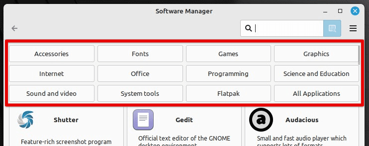 Software manager catergory tabs