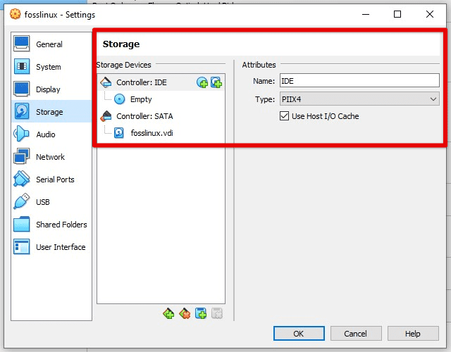 Storage settings for virtual machine