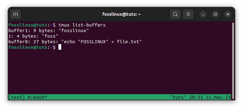 tmux list showing renamed buffers