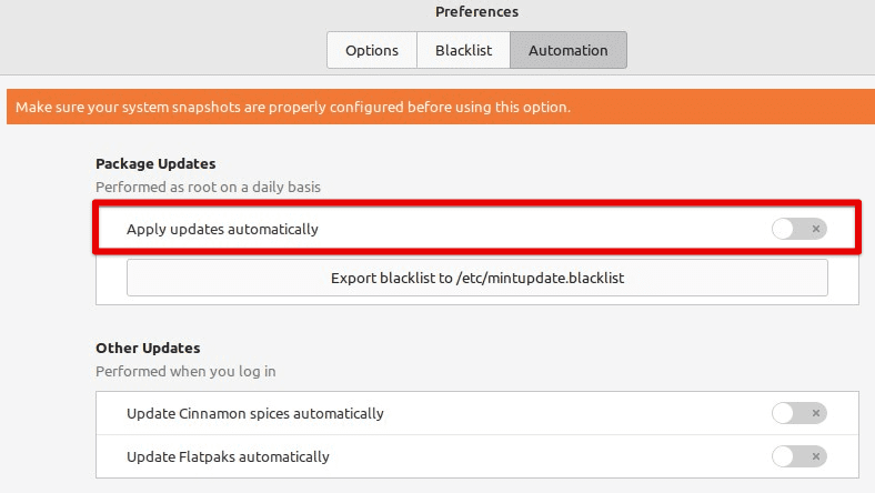 Toggling the automatic updates switch on