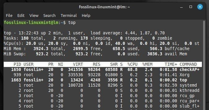 Top command for checking system processes