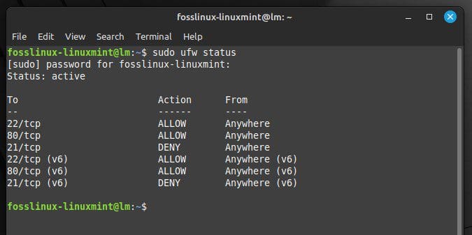 Viewing firewall status on Linux Mint