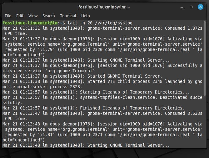 Viewing last 20 logs with tail and -n option