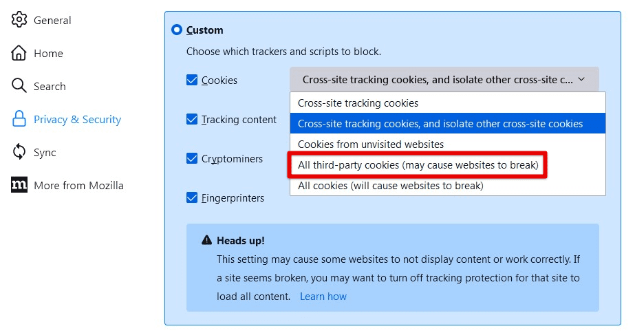 Blocking all third-party cookies