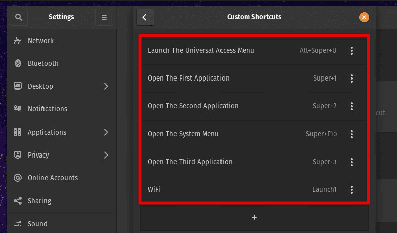 Custom shortcuts defined in Pop!_OS