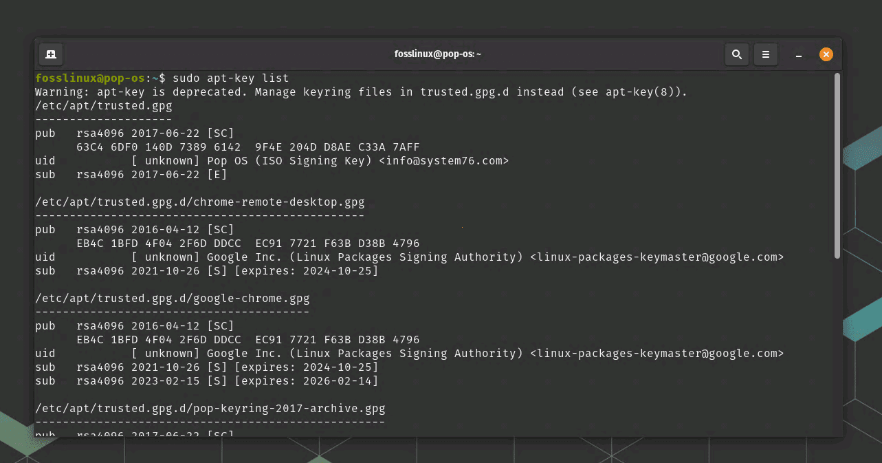 displaying gpg keys in pop! os