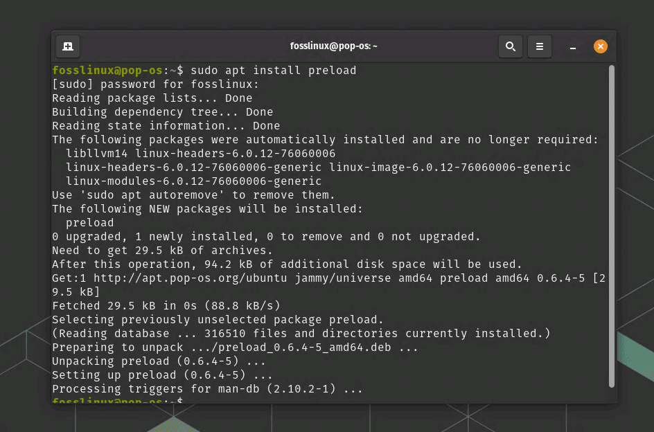 installing preload on pop! os