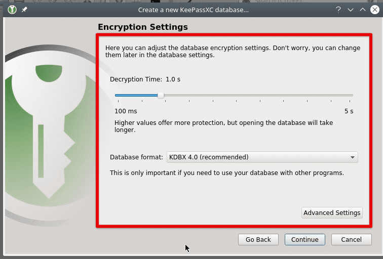 KeePassXC encryption settings