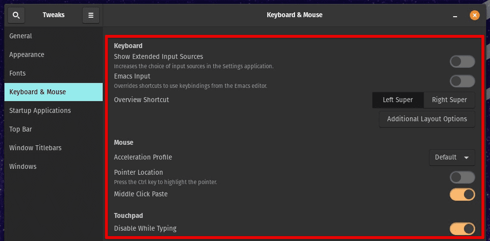 Keyboard and mouse settings