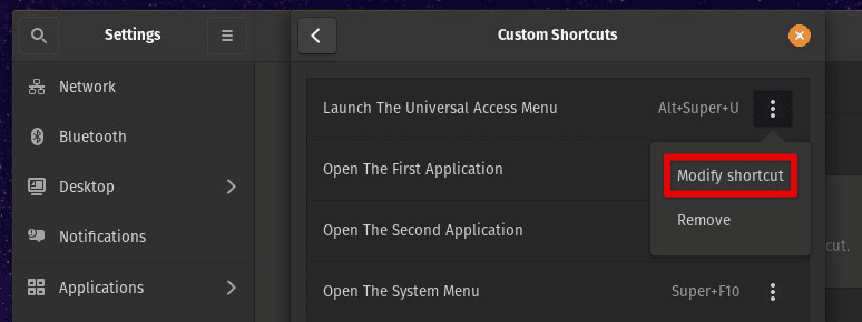 Modify shortcut button