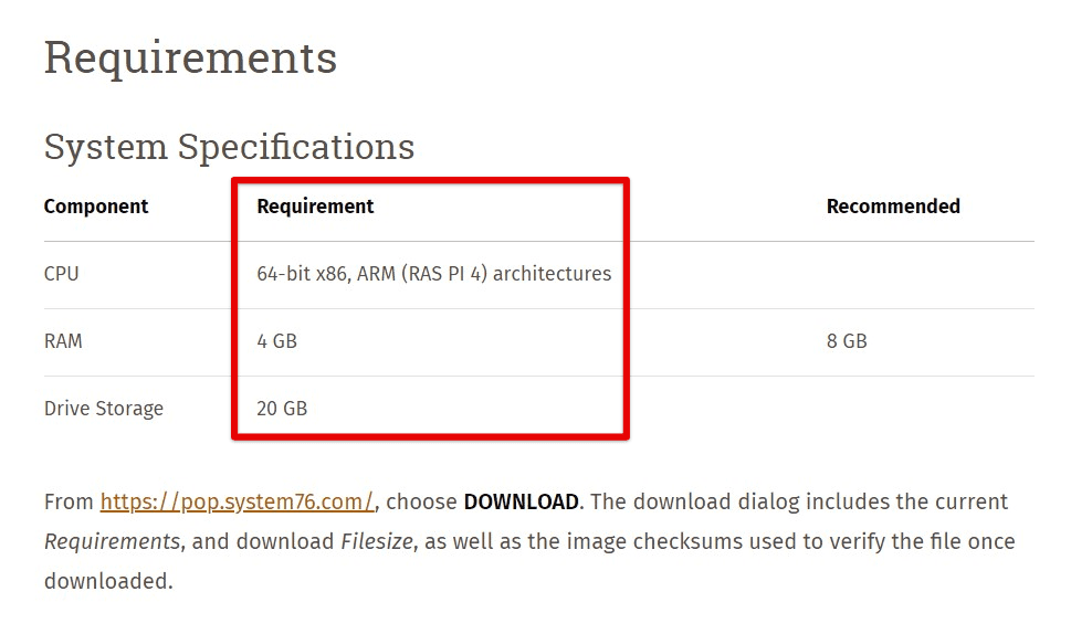 Pop!_OS minimum hardware requirements