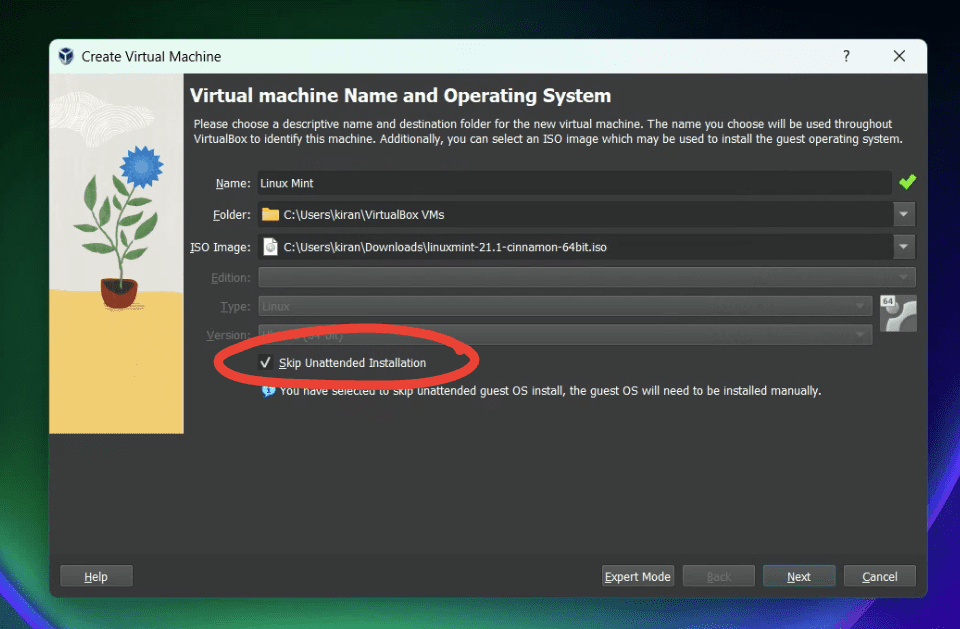 skip unattended installation option in virtualbox