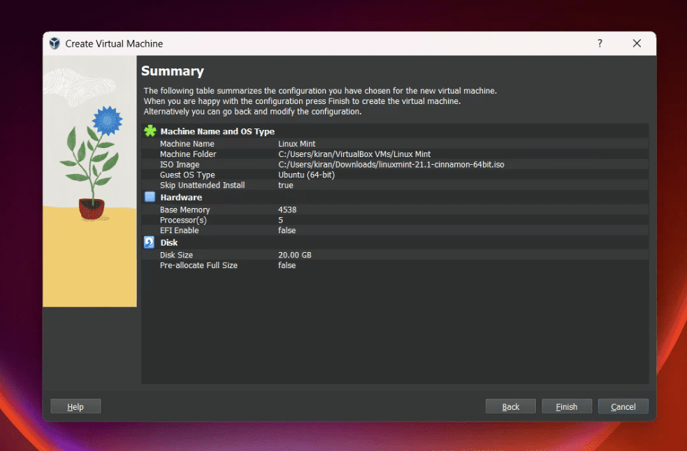 summary of the virual machine configuration