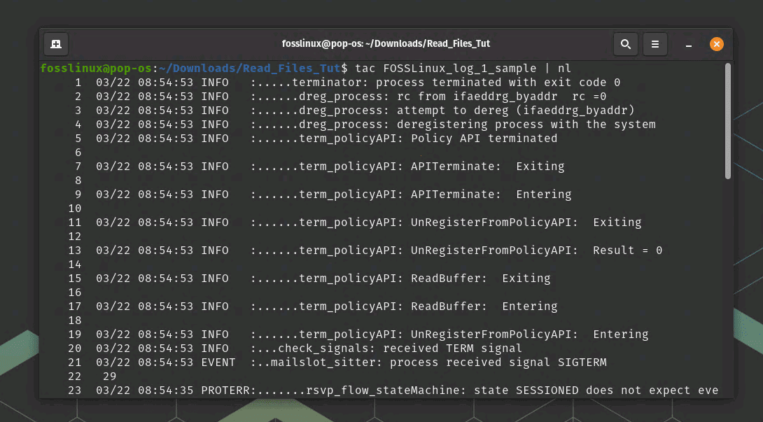 tac command usage with with line numbers