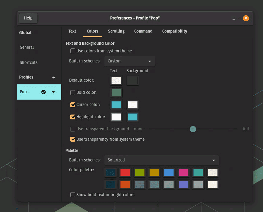 terminal colors in pop os