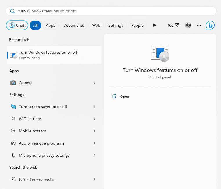 turn windows features on or off