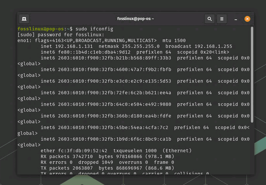 using ifconfig command from sbin directory