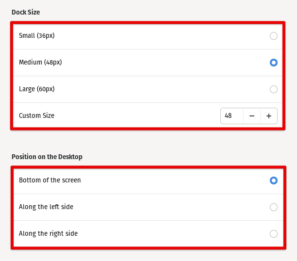 Adjusting dock size and position