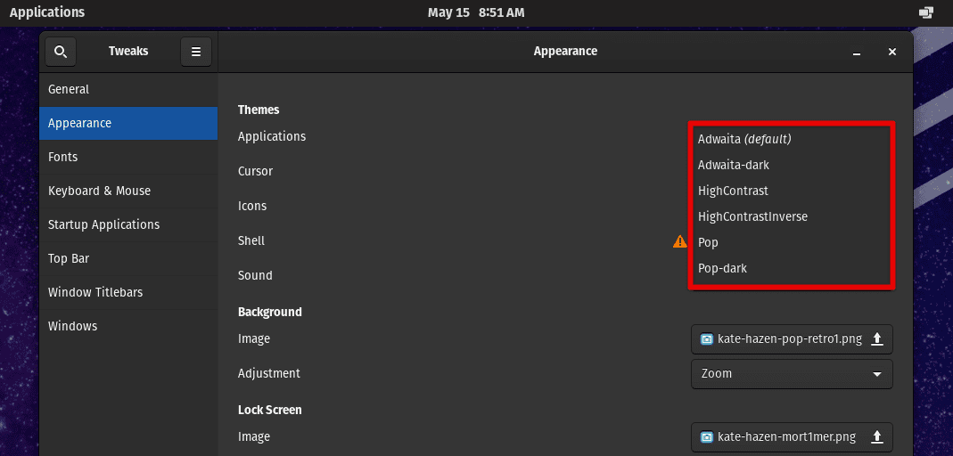 Checking applications themes list