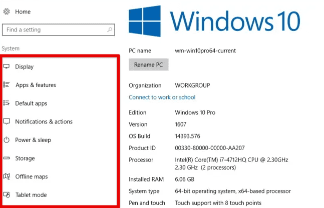 Configuring system settings in Windows