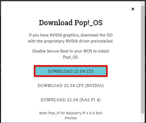 Downloading the Pop!_OS ISO file