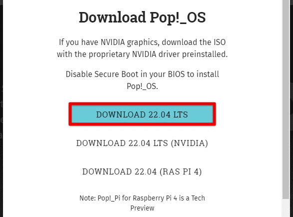 Downloading the Pop!_OS ISO file