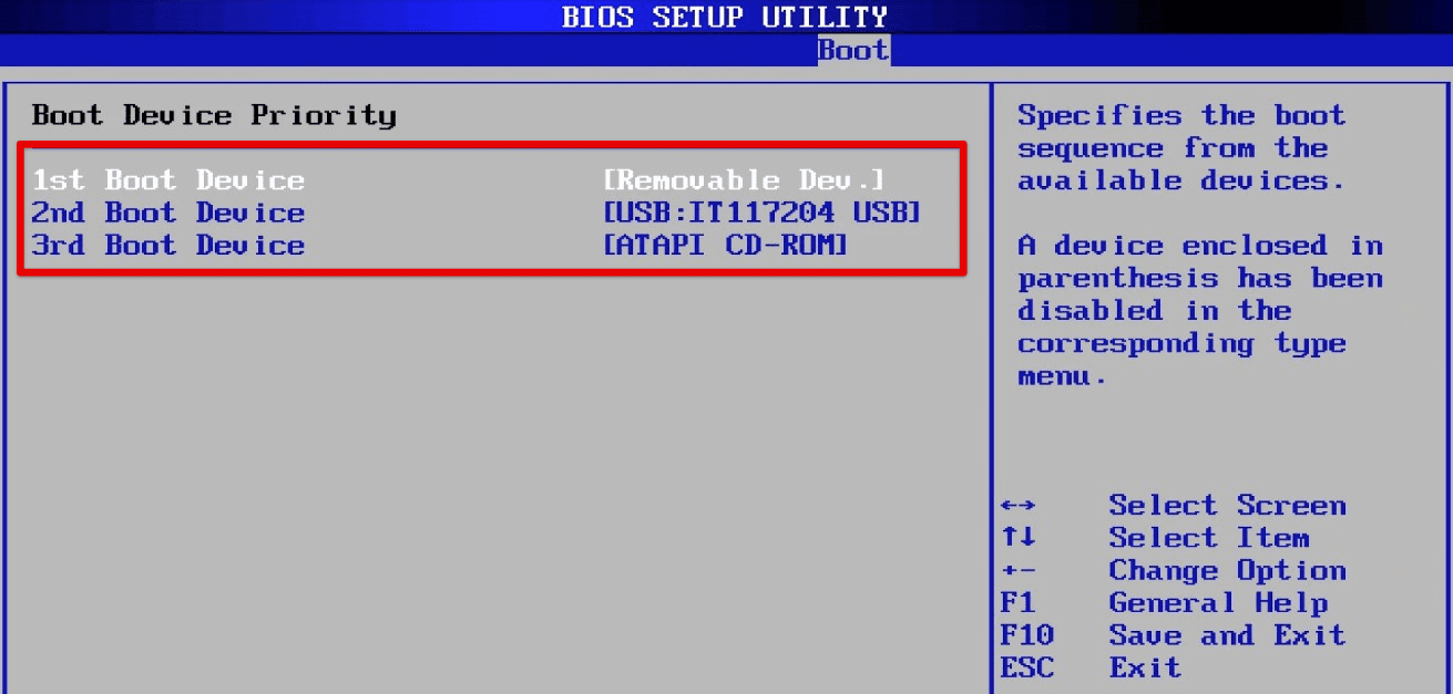 Selecting USB as the boot device