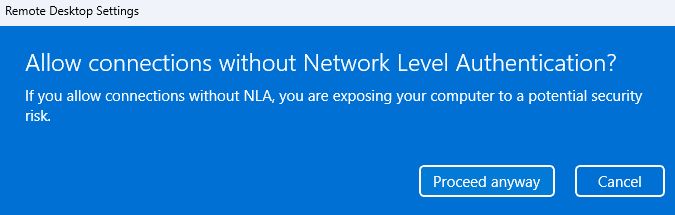 allow connections with or without network level authentication