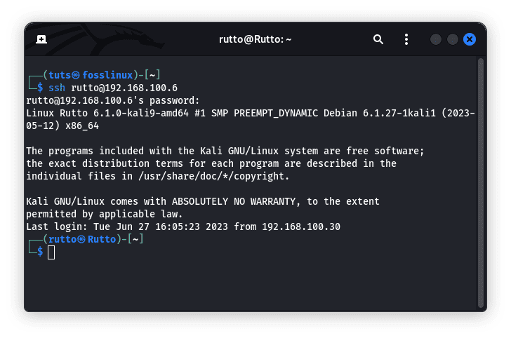 connect to another kali linux via ssh