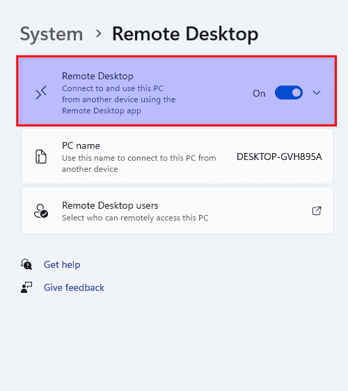 toggle on remote desktop connection
