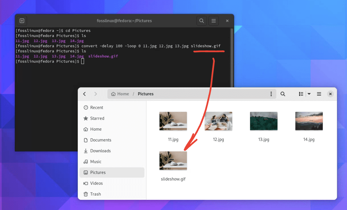 creating slideshow in fedora linux 38 terminal using imagemagick