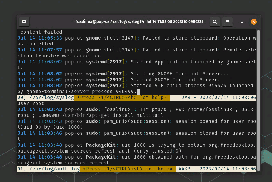 running multitail command on pop! os