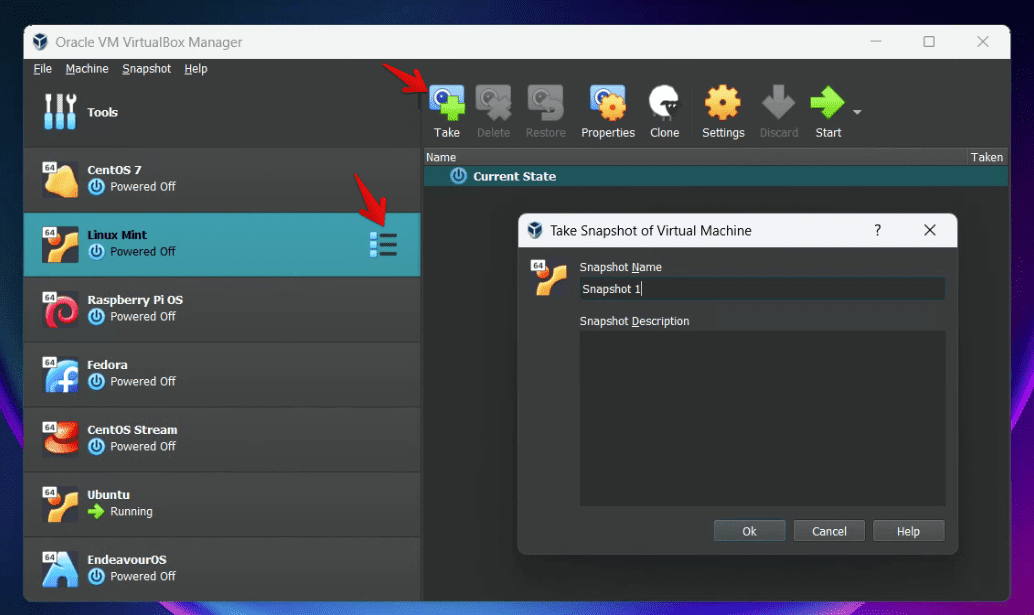 taking snapshot in virtualbox