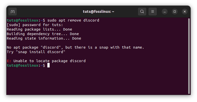 use apt command to remove discord