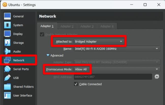 virtualbox network settings