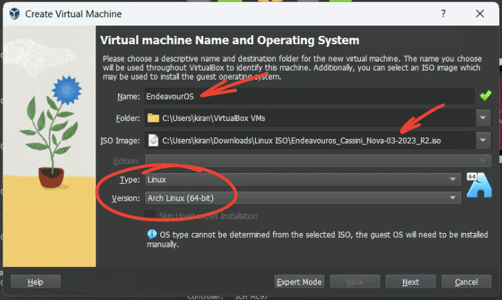 creating endevouros virtual machine on virtualbox