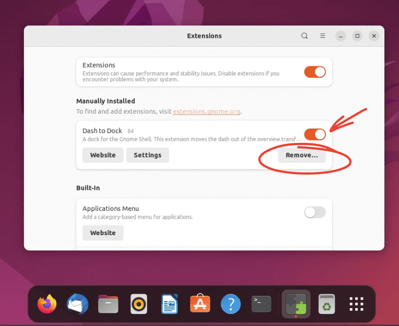 disabling or removing dash to dock gnome extension