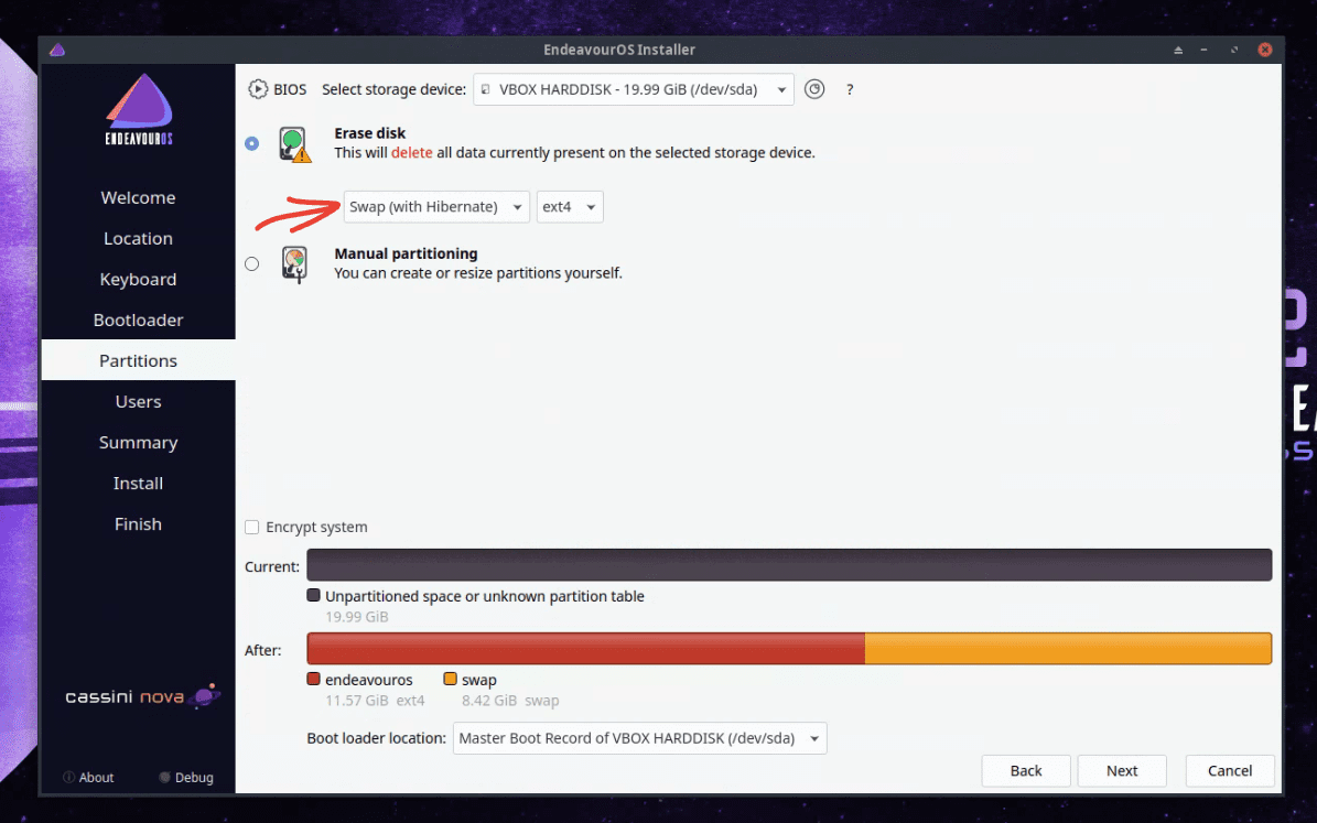 endeavouros installer partitions options