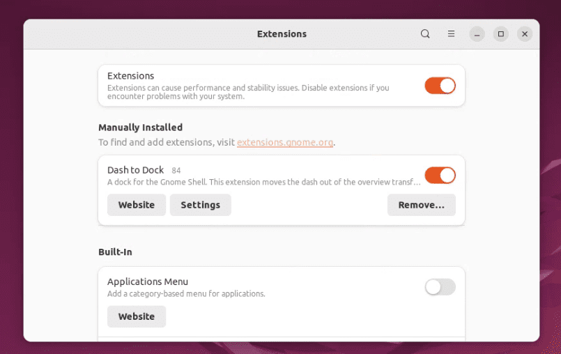 managing extensions on ubuntu 22.04