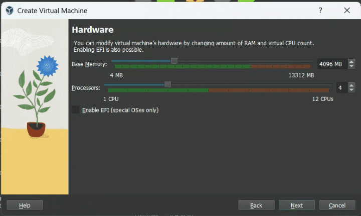 virtualbox hardware settings ram and processors