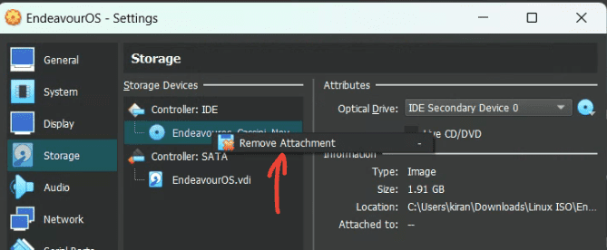 virtualbox settings removing the endeavouros live cd