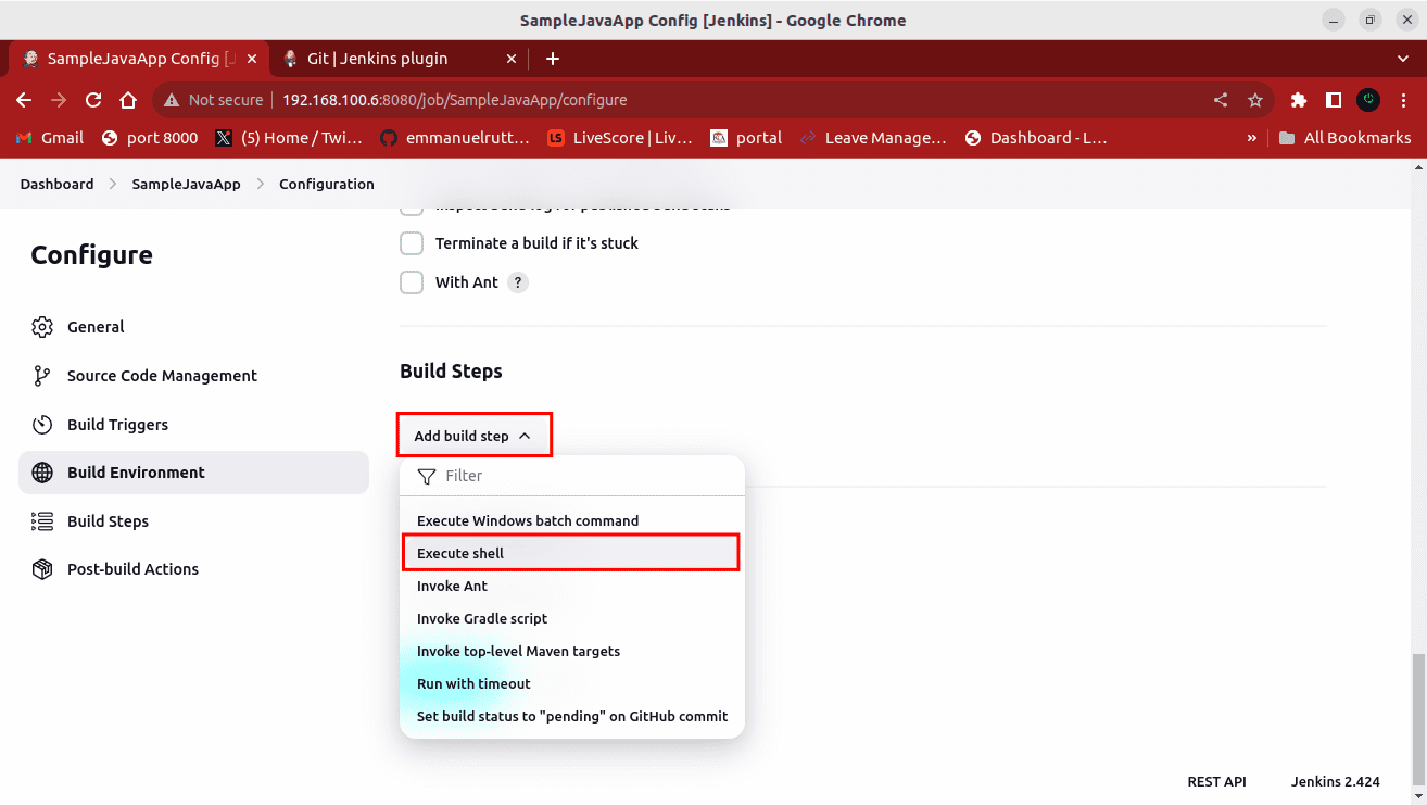 add build setup then execute shell