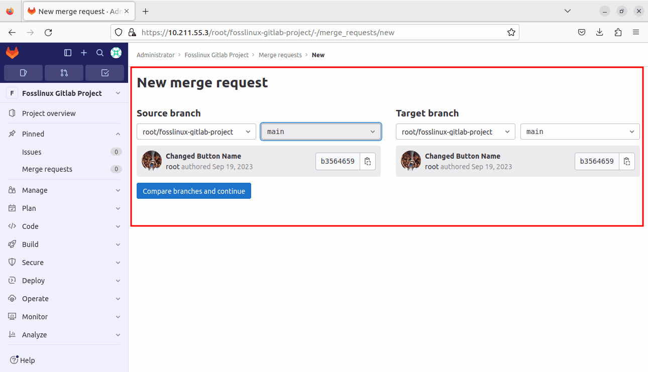 choose the source and target branches