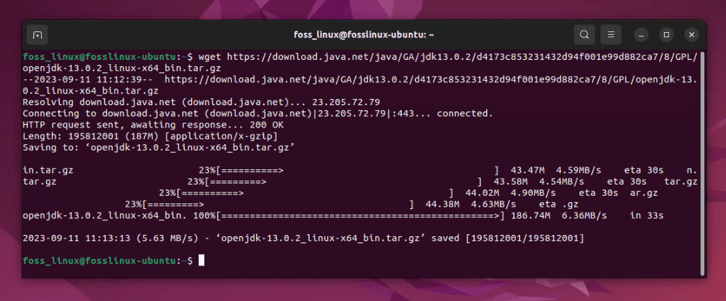 downloading openjdk 13 tar file on ubuntu using wget