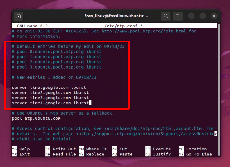 editing the ntp configuration file and adding custom ntp servers