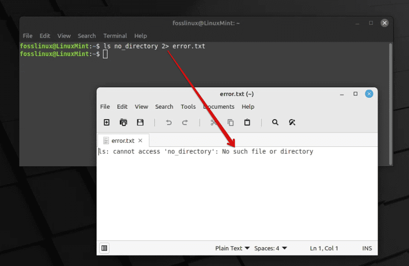 using ls and 2 operator to export error to a text file