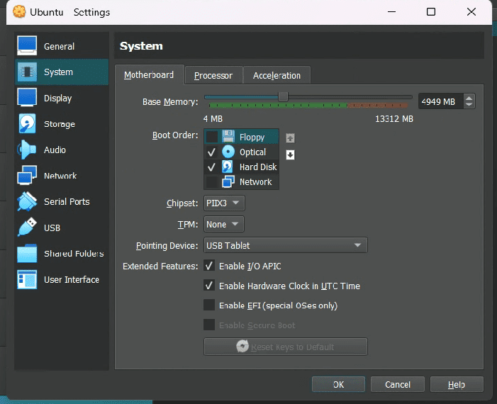 virtualbox system settings